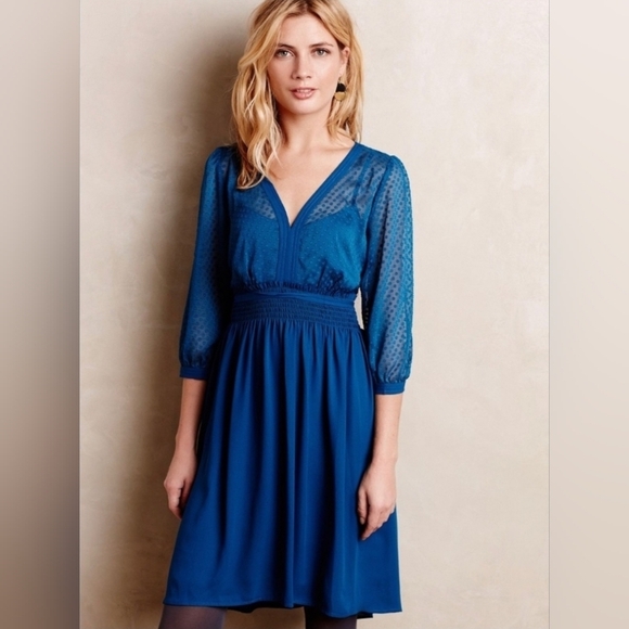 Anthropologie HD in Paris Celeste Dress Women's 6 Blue Swiss Dot Boho Romantic - Picture 1 of 15